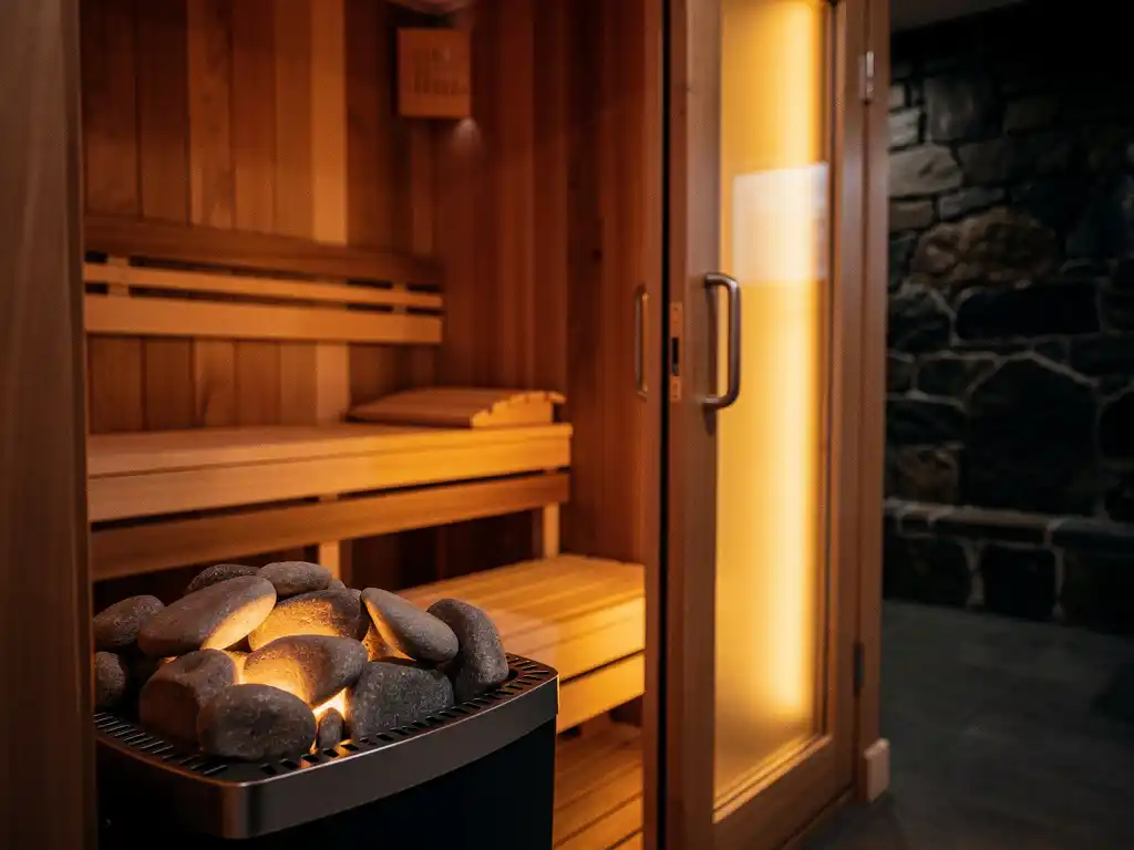 Cedar wood home sauna with glowing electric heater and river rocks, warm amber light visible through glass door in finished basement.