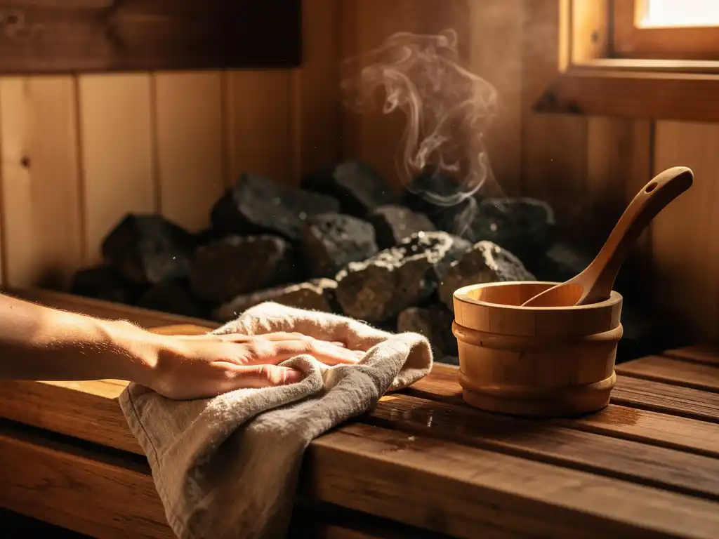 Weathered cedar sauna bench wiped with linen cloth, wooden bucket and ladle nearby, steam rising from volcanic stones in warm amber light.