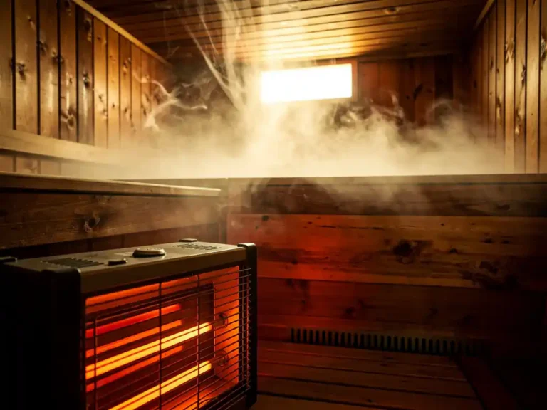 Cedar-paneled sauna interior with electric heater, steam rising to wooden ceiling slats, warm amber tones and natural backlight.