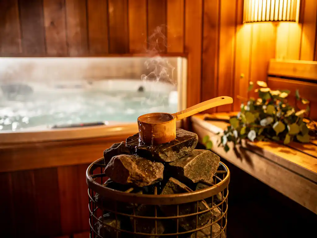 Cedar sauna interior with wooden ladle on heated stones, birch branches, and hot tub visible through frosted glass in Nordic spa setting.
