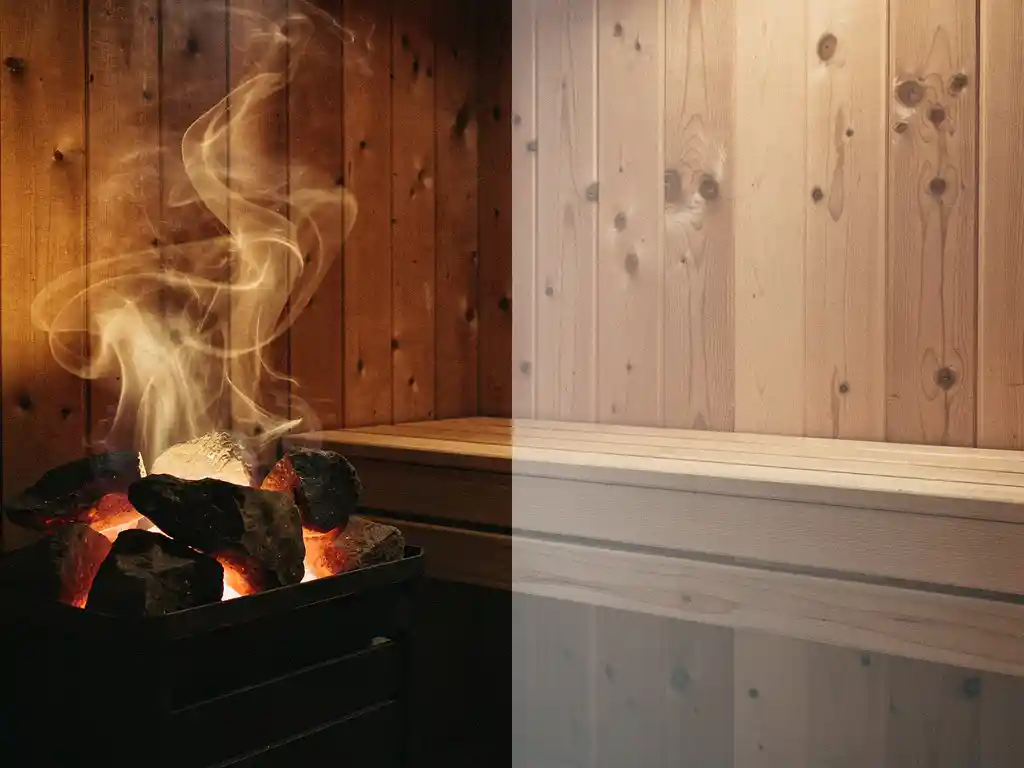 Cedar sauna interior with glowing amber ember light from iron heater stones, rising steam, and warm wooden bench in photorealistic detail.
