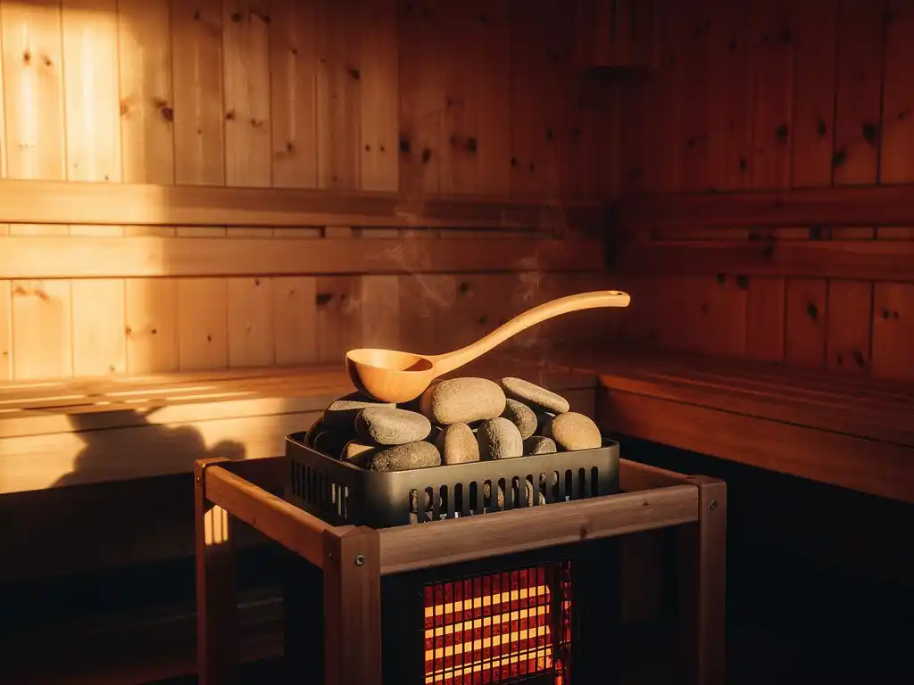 Cedar sauna interior with wooden ladle resting on river stones beside a glowing electric heater, warm amber light and rising steam.