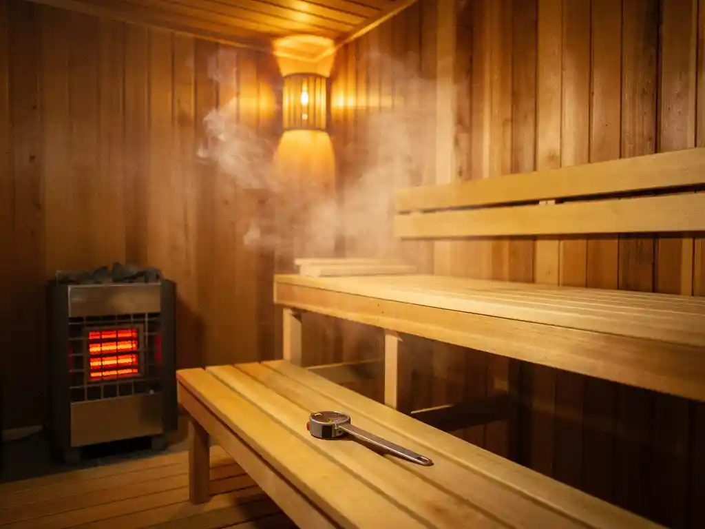 Cedar-paneled home sauna interior with electric heater, tiered wooden benches, measuring tape, and warm amber lighting.