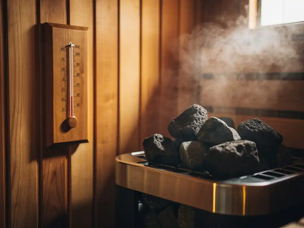 Cedar sauna interior with steam rising from volcanic stones on an electric heater, wooden thermometer on slatted wall, warm amber light.