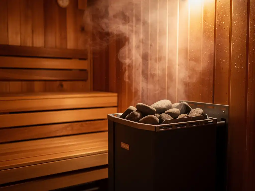 Cedar-paneled home sauna interior with warm amber lighting, electric heater with stones, and löyly steam rising from wooden benches.