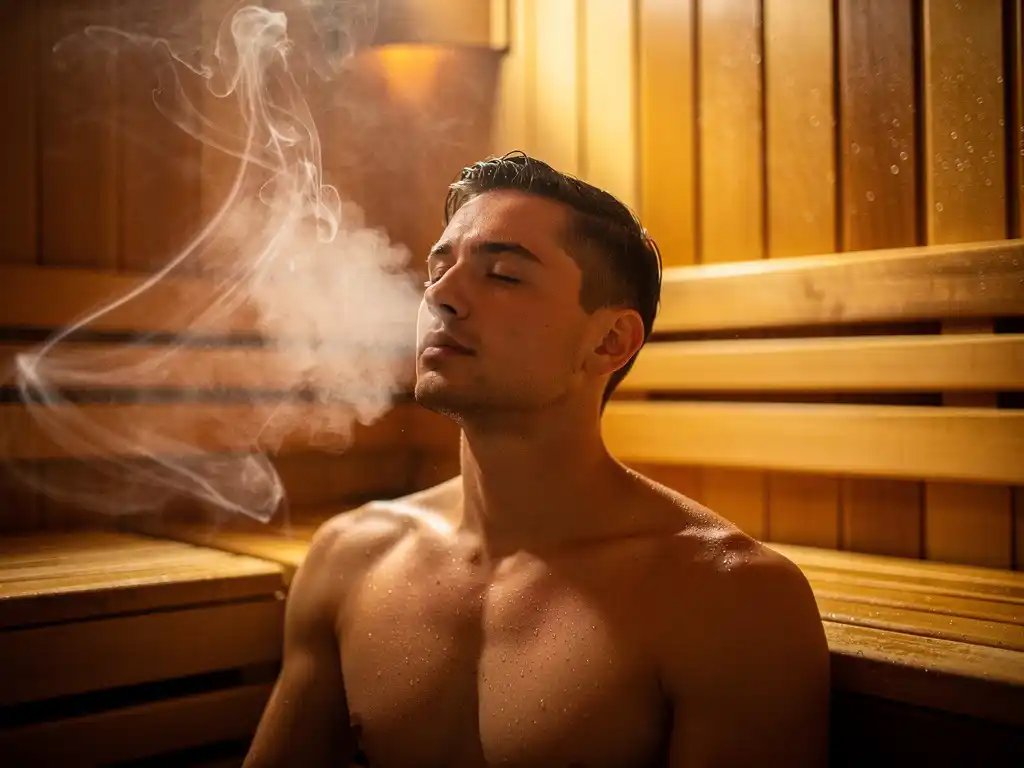 Person seated in a cedar sauna, breathing deeply as soft steam swirls through amber-lit birchwood interior with condensation on wooden benches.
