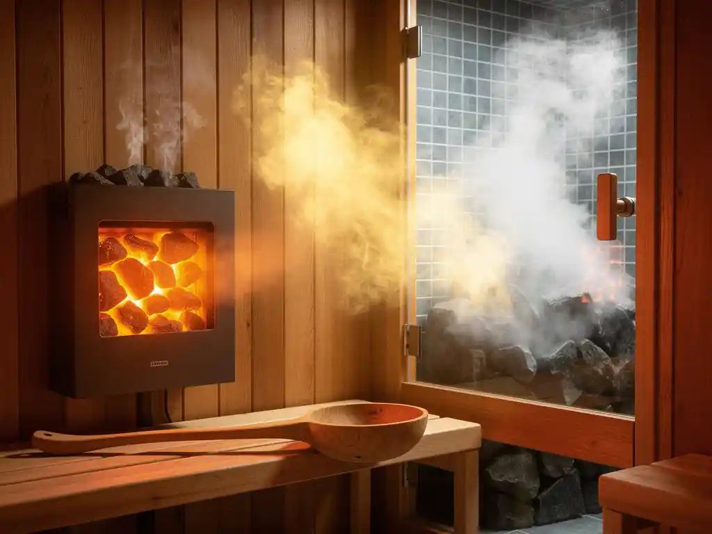 Cedar dry sauna with glowing electric heater rocks and wooden ladle, steam billowing through glass partition into misty blue steam room beyond.