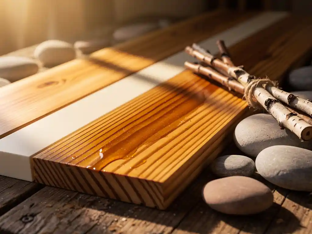 Cedar and spruce wooden planks with amber resin grain, smooth stones, and birch branches on a rustic workshop surface in warm golden light.