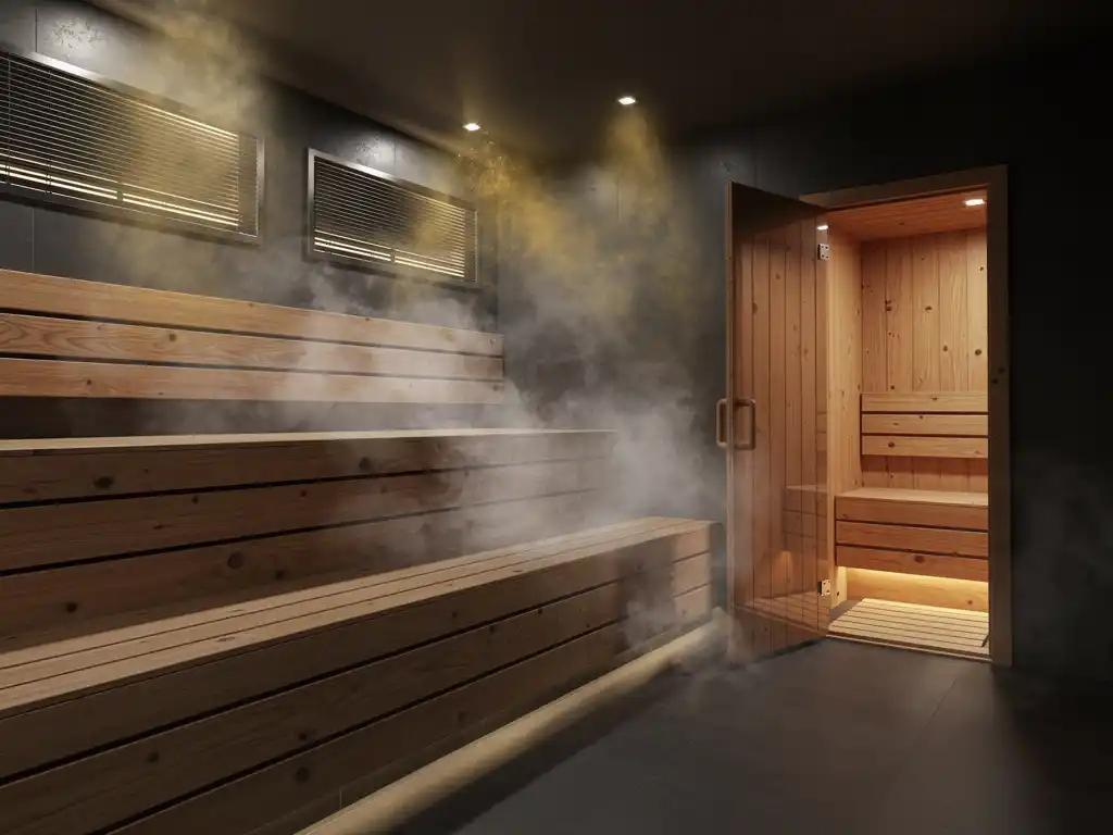 Tiered cedar benches in a large commercial sauna with rising steam, contrasted by a cozy single-room home sauna visible through an open door.
