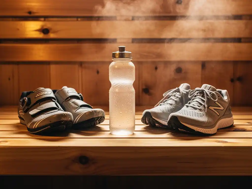 Cycling shoes, water bottle, and running shoes arranged on a cedar sauna bench surrounded by warm steam and amber light.