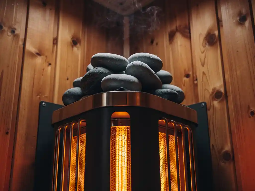 Electric sauna heater with glowing elements and stacked river stones mounted on cedar wood wall, steam rising in warm amber-lit sauna interior.