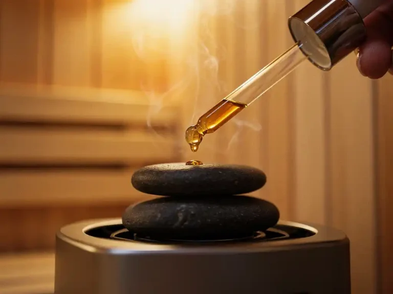 Glass dropper bottle releasing amber essential oil onto hot sauna stones, golden steam rising in a cedar-lined sauna interior.