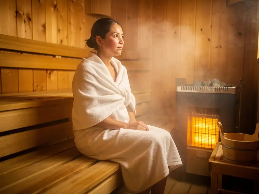 First-time sauna bather wrapped in white towel on cedar bench, steam rising around electric heater glowing amber in pine wood sauna.