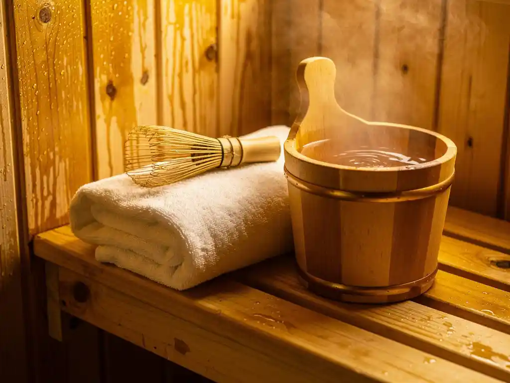 Steaming wooden sauna bench with folded white towel, birch whisk, and cedar water bucket, warm golden light and condensation on timber walls.