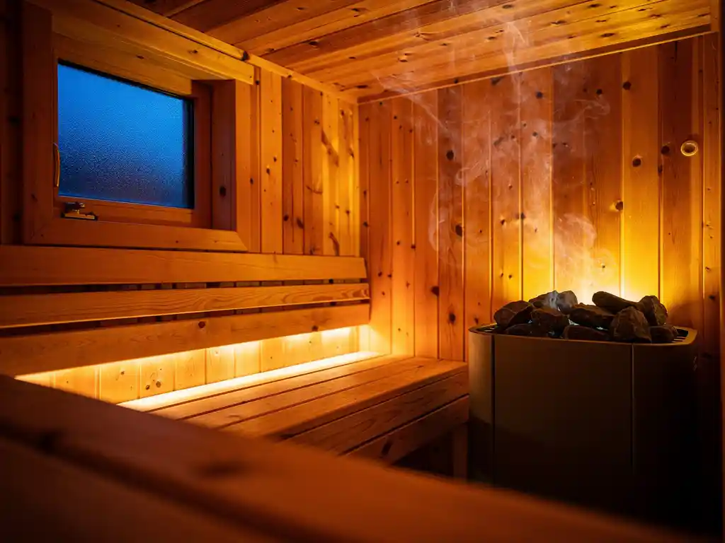 Cedar sauna interior with glowing amber light, rising steam, smooth heated stones on electric heater, and frosted window showing twilight outside.