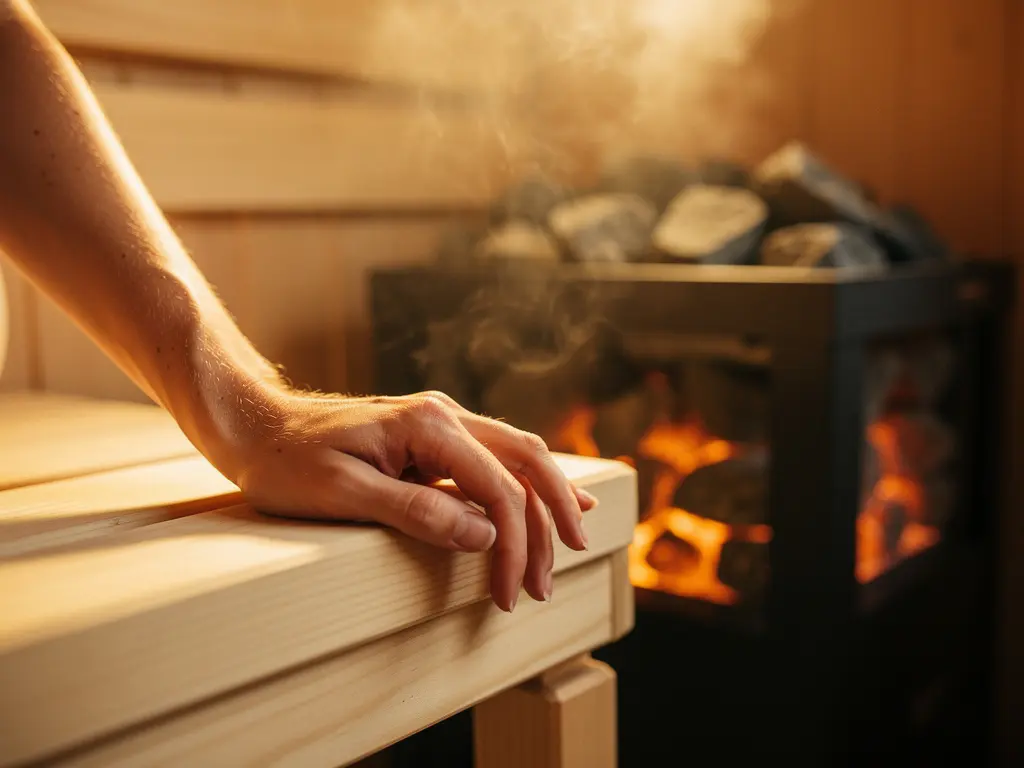 Relaxed hand resting on Nordic spruce bench in a traditional sauna, warm amber heater stones and steam visible in soft golden background.