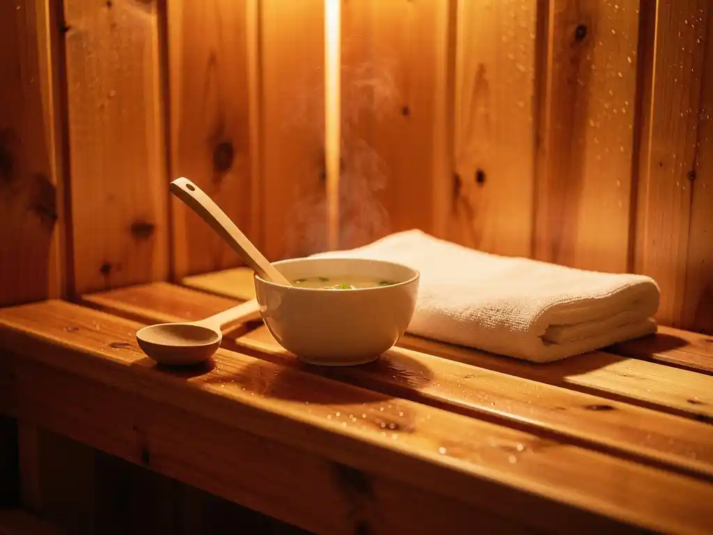 Birchwood sauna bench with a ceramic bowl of soup and ladle beside a folded towel, amber cedar walls glowing in warm heat.