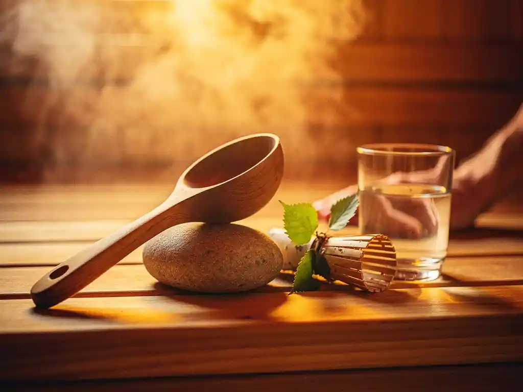 Puidust kulp ja kasel viht saunapingil, taustal kuldne aurupilv sooja merevaiguvärvi valguses.