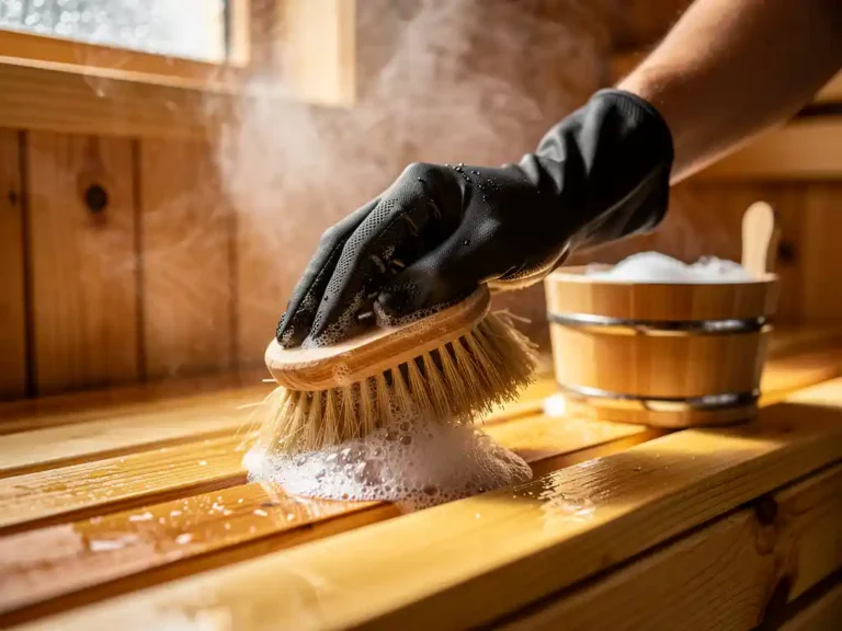 Kinnastatud käsi puhastab loodusliku harjaga saunapinki, kõrval seebivesi, taustal aurav seedripaneeliga sein.