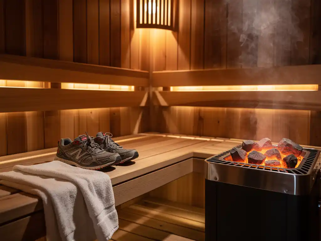 Cedar sauna interior with glowing electric heater, running shoes and folded towel resting on lower bench, steam rising in warm amber light.