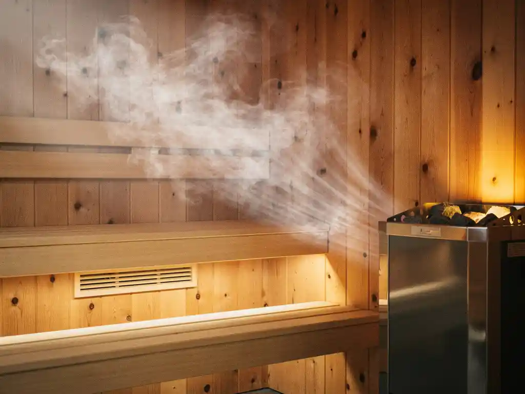 Seedrist saunasisustus kuldse auruga, elektrikeris heidab merevaigukollast valgust, siledate puupinkide ja ventilatsioonipilu kohal.