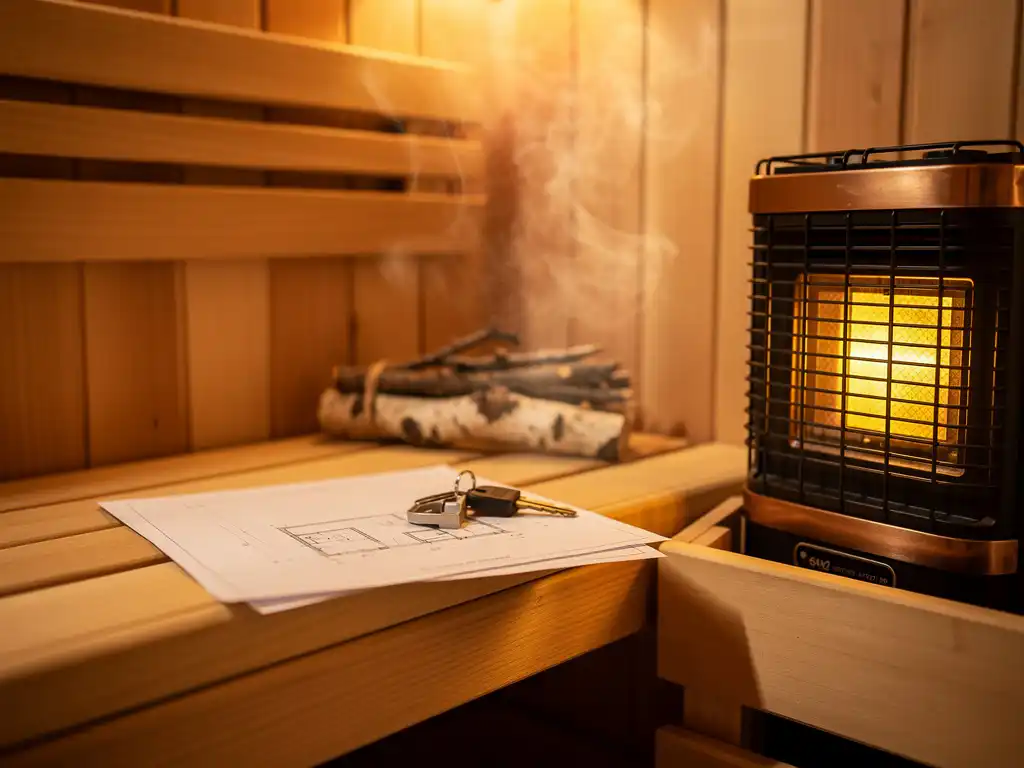 Seestpoolt kujutatud luksuslik seedripuidust saun elektrilise kerisega, puitsete pinkidega ja kasepuuokstest vihtadega nurgas, maja põhiplaani jooniste ja võtmetega pingil.