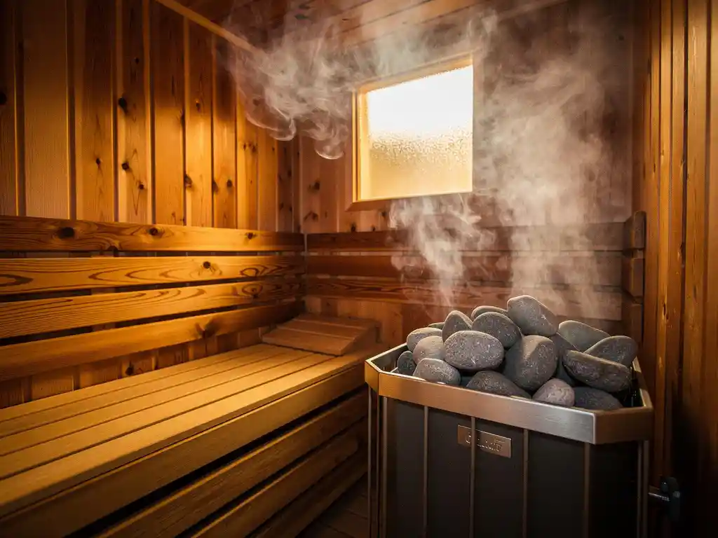 Kodus seedripuidust saun soojade pinkide ja aurava kiviahjuga, kuldne valgus läbi hägusaklaasist akna.