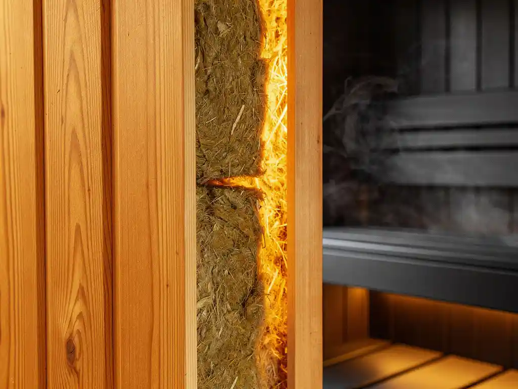 Läbilõige seedripuidust saunaseinast, mis paljastab mineraalvillast soojustuse, sooja merevaigukollase valguse ja aurava siseruumiga.