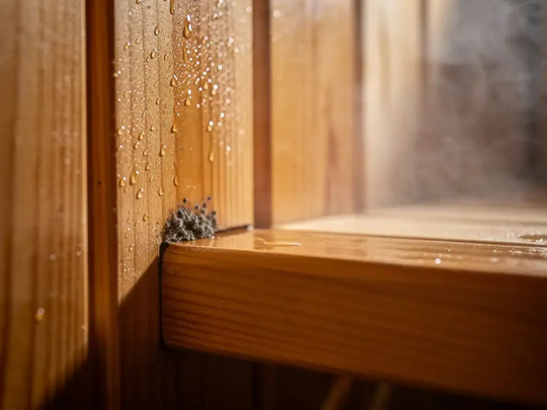 Niiskusest kondenseerunud veepiisad seedri saunapalkidel, tumedad hallituseosed nähtavad vuugisaumas, soe merevaigukollane puit.