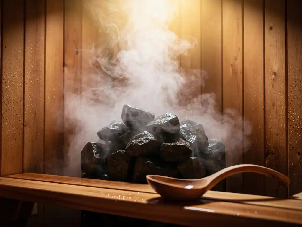 Steam rising from wet sauna stones in a cedar-paneled room, wooden ladle on bench edge, condensation on amber walls.