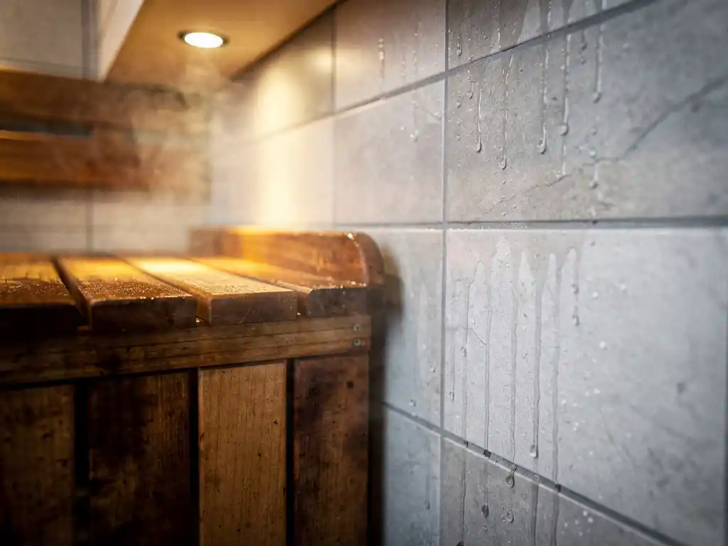 Weathered cedar sauna bench beside a condensation-covered tiled steam room wall, warm golden light diffusing through rising steam.