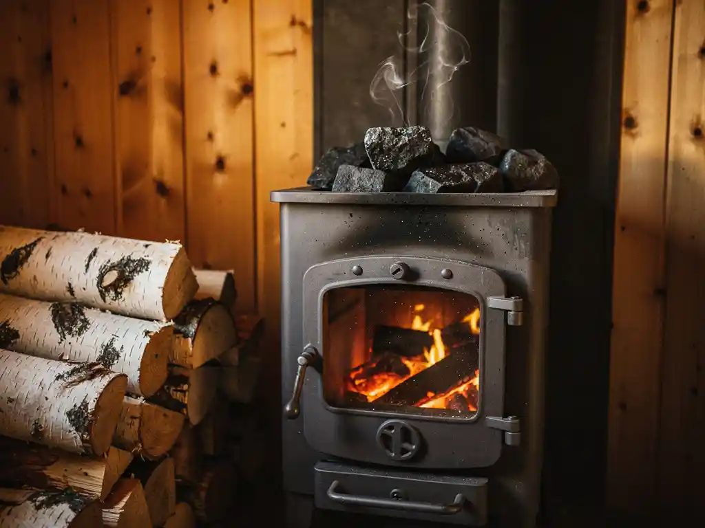 Wood-burning sauna stove with glowing amber embers, steam rising from dark stones, birch logs stacked beside cedar wall panels.