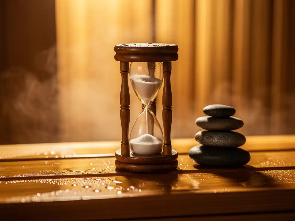 Wooden hourglass on a wet cedar sauna bench with steam rising, stacked river stones nearby, warm amber backlight filtering through slatted panels.
