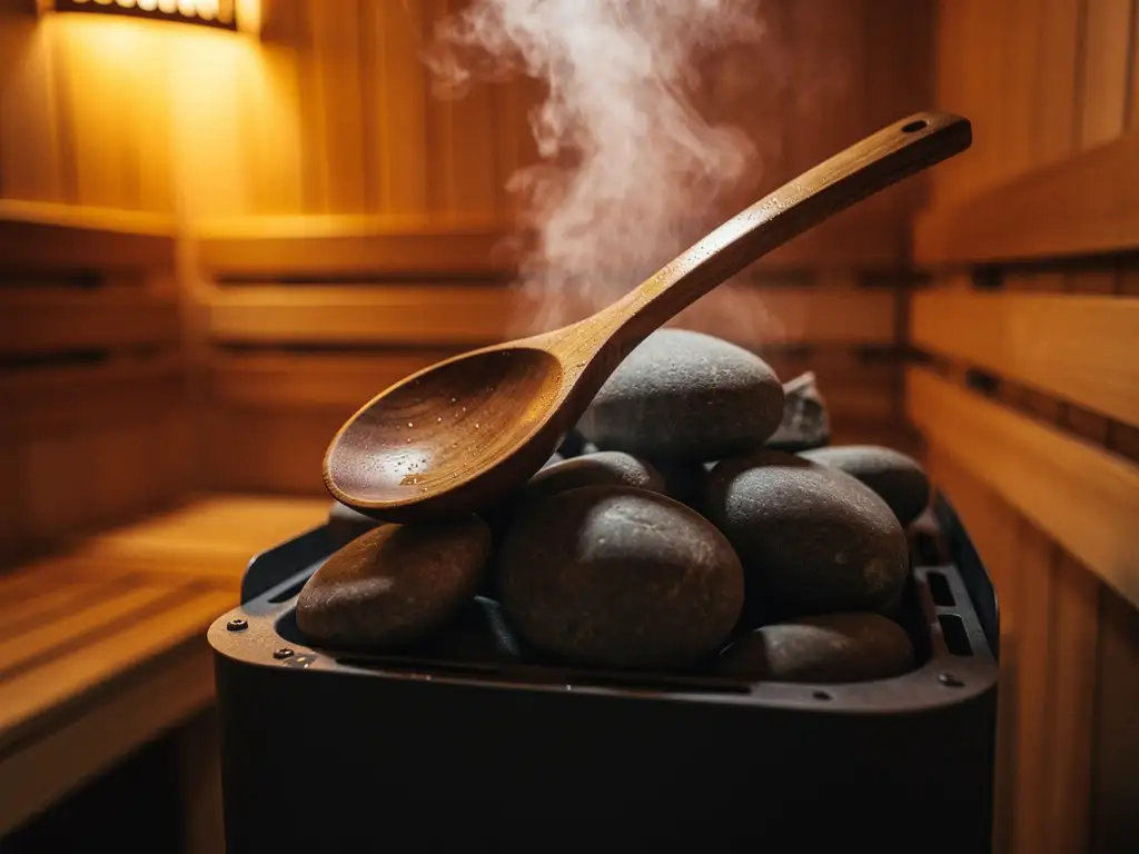 Wooden ladle resting on a river-stone sauna stove, soft steam rising toward cedar-paneled walls with warm birchwood benches in the background.