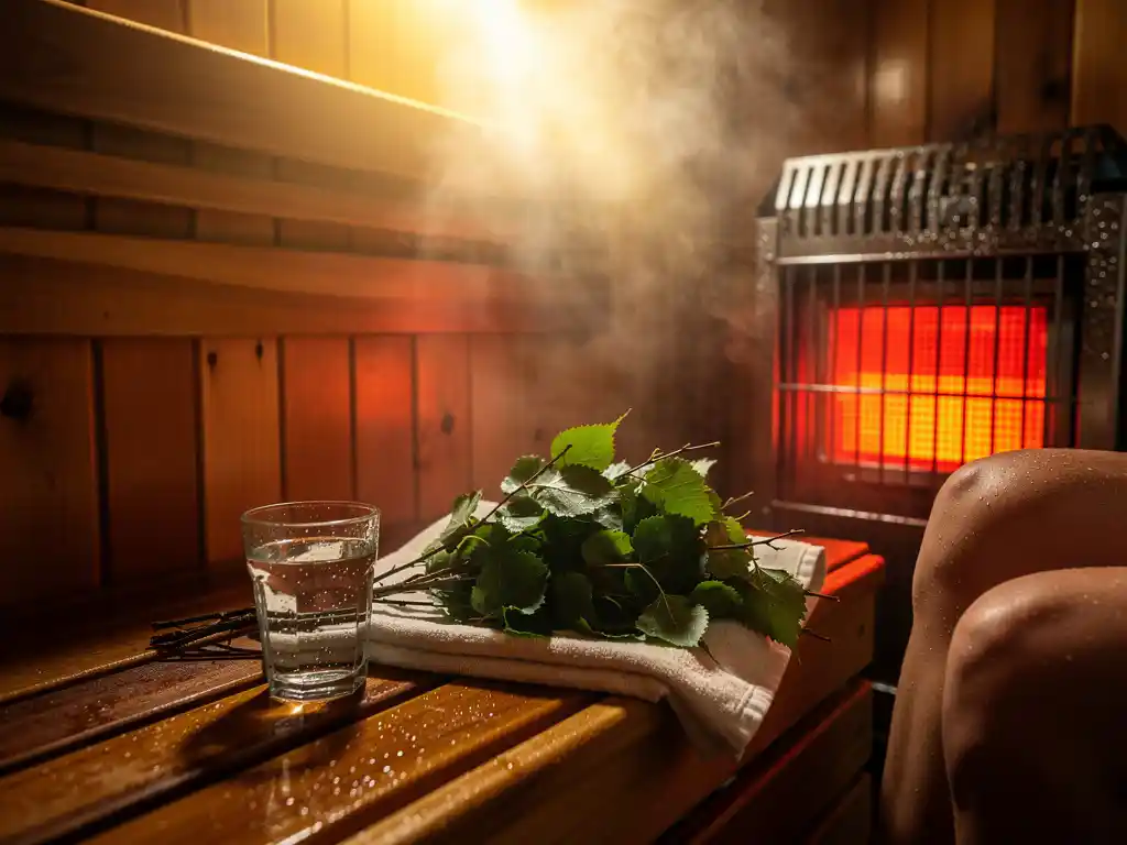 Cedar sauna interior with glowing electric heater, birch branches, and steam rising in warm amber light.