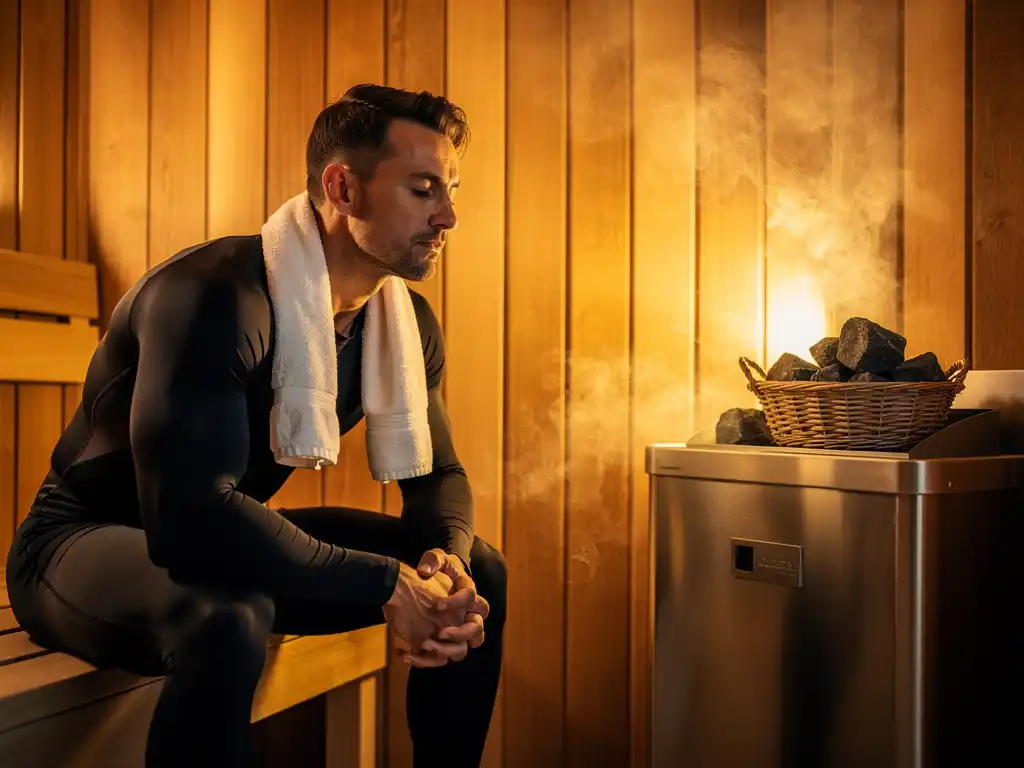 Athlete in compression gear resting eyes closed inside a cedar sauna cabin, golden steam rising near a modern electric heater during post-workout recovery.