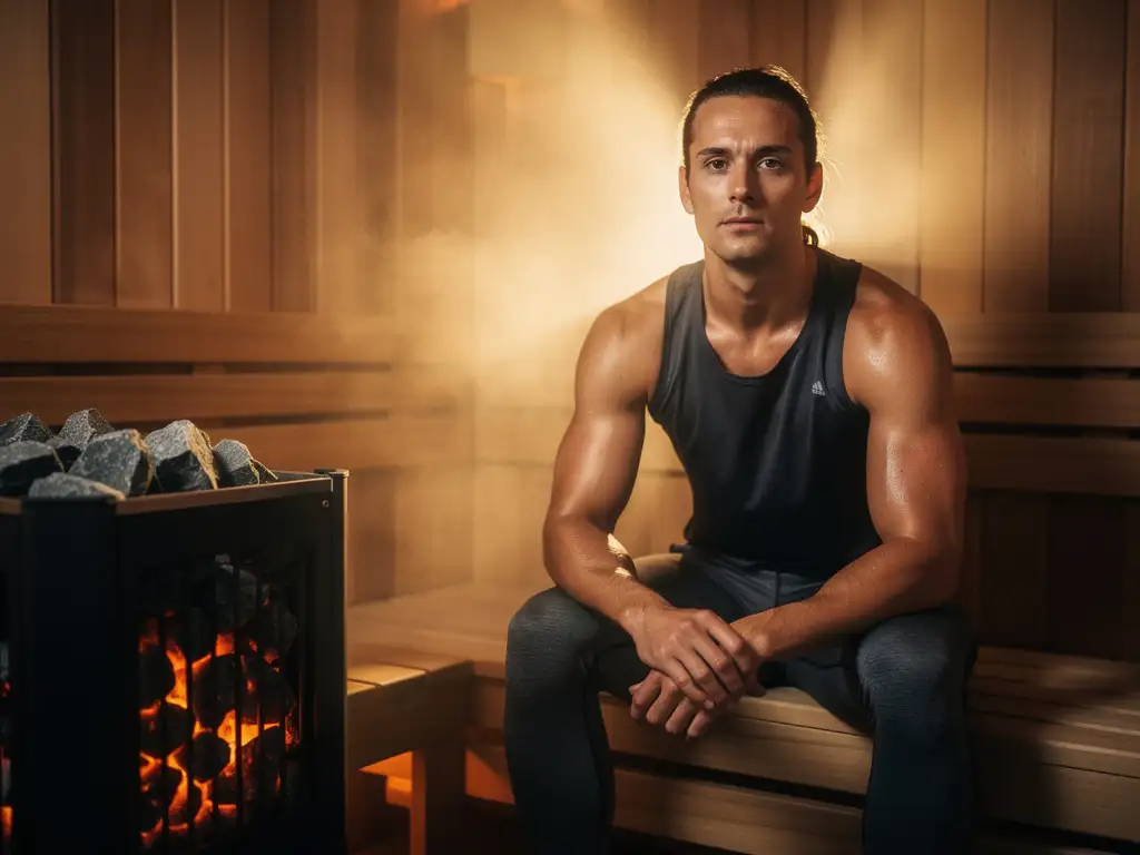 Athlete in athletic wear resting in a cedar sauna cabin beside a glowing electric heater during post-workout recovery.