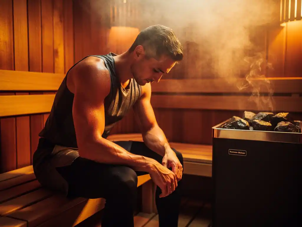 Athlete in workout clothes sitting in cedar-paneled Nordic sauna, head bowed during heat recovery session, steam rising from electric heater stones.