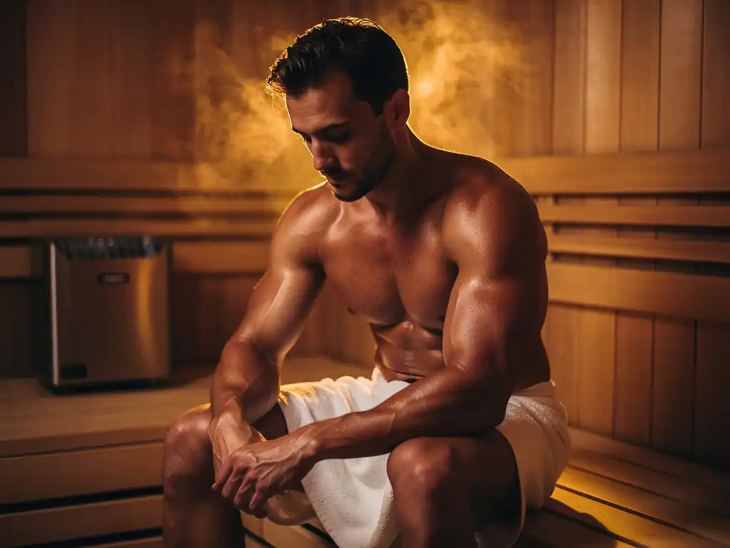Muscular athlete wrapped in white towel seated in cedar sauna, head bowed in recovery, golden steam rising around them.
