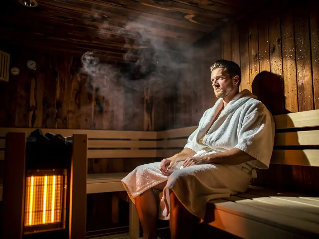 Athlete in a sauna suit sitting inside a Finnish sauna with birchwood benches, amber electric heater glowing, and steam rising toward cedar ceiling.