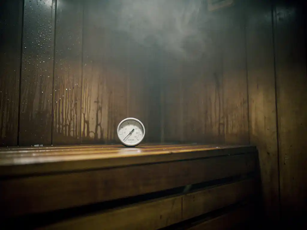 Cedar sauna interior with condensation on dark wooden walls, foggy stale air near ceiling, and thermometer showing uneven temperature.