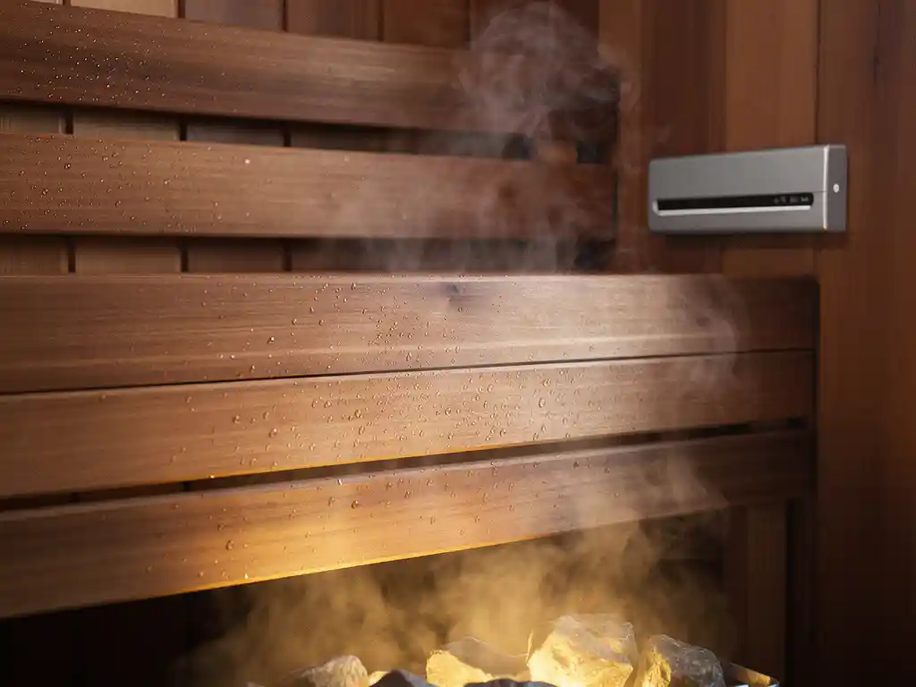 Cedar sauna interior with steam rising from glowing stones, moisture on wooden walls, and a sleek climate control device mounted near the upper bench.