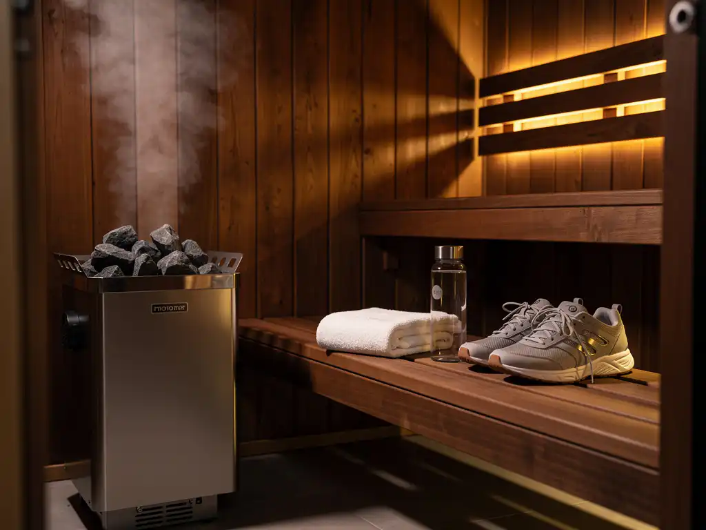 Cedar-paneled sauna interior with electric heater, wooden benches, folded towel, water bottle, and gym shoes in warm amber light.