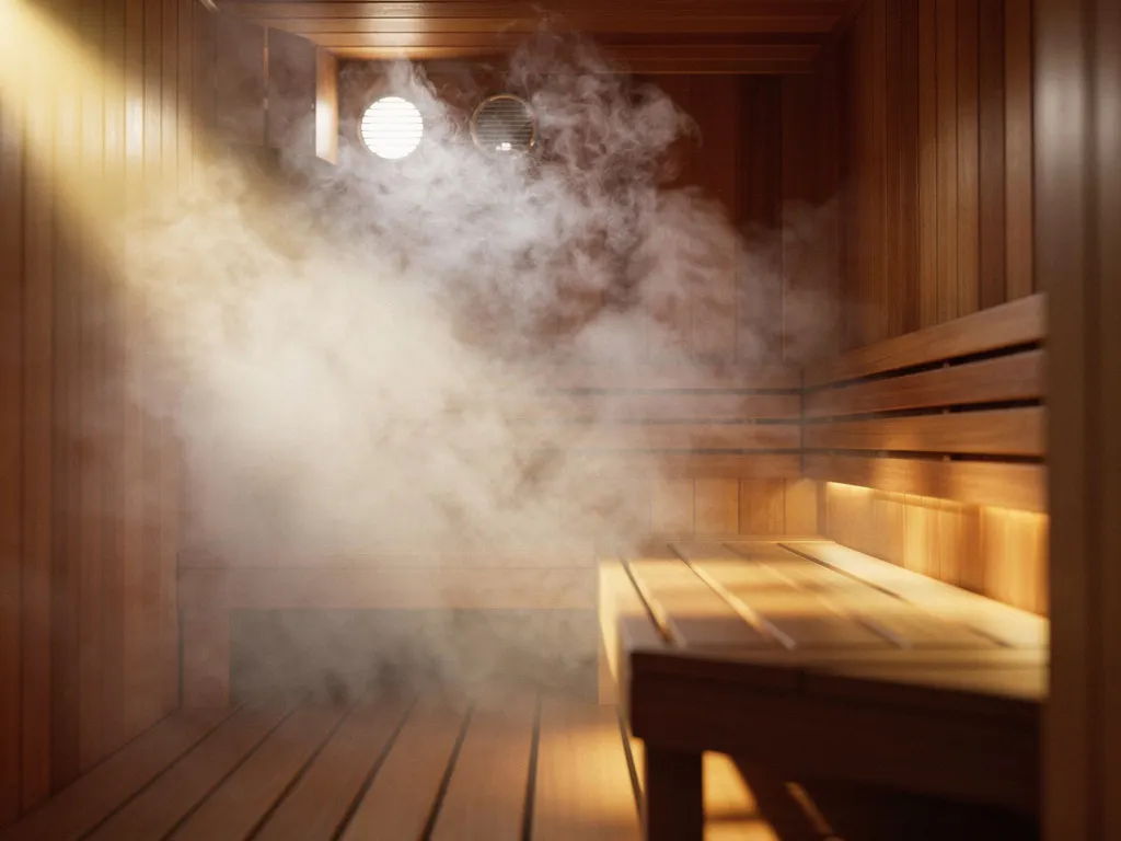Cedar sauna interior with steam rising from benches, warm amber lighting, and a circular air vent diffusing mist along honey-brown walls.