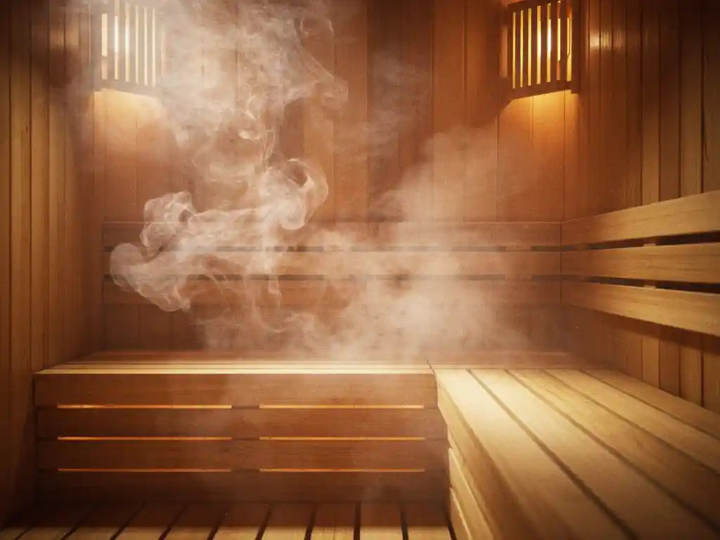 Cedar sauna interior with rising steam, warm amber wooden benches, and golden light filtering through slatted walls.