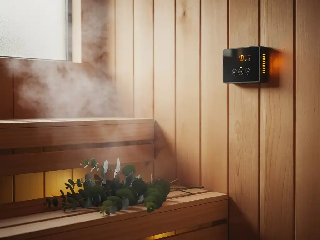 Cedar sauna interior with wooden benches, rising steam, eucalyptus branches, and amber-lit climate control unit in warm golden light.