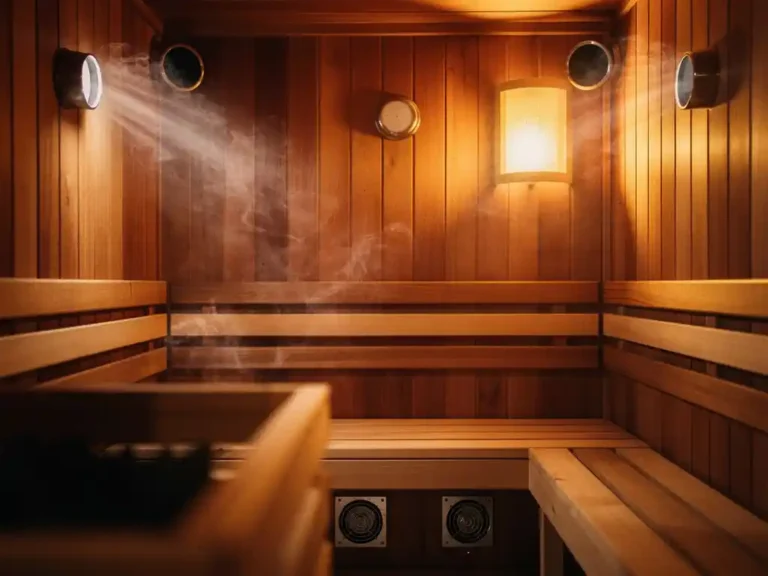 Cedar-paneled sauna interior with ventilation ducts near ceiling and bench level, steam wisps, empty benches, and warm golden light through frosted window.