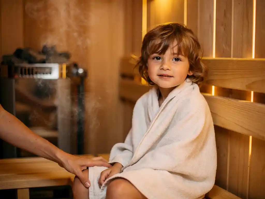 Young child wrapped in linen sitting calmly in a warm wooden home sauna, cedar bench and heater visible, parent's hand nearby.