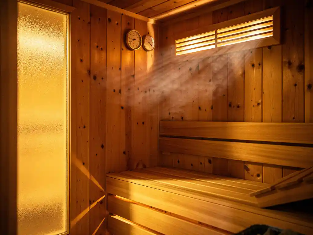 Cedar-paneled sauna interior with tiered benches, visible steam near a ventilation grate, and a thermometer and hygrometer mounted on the wall.