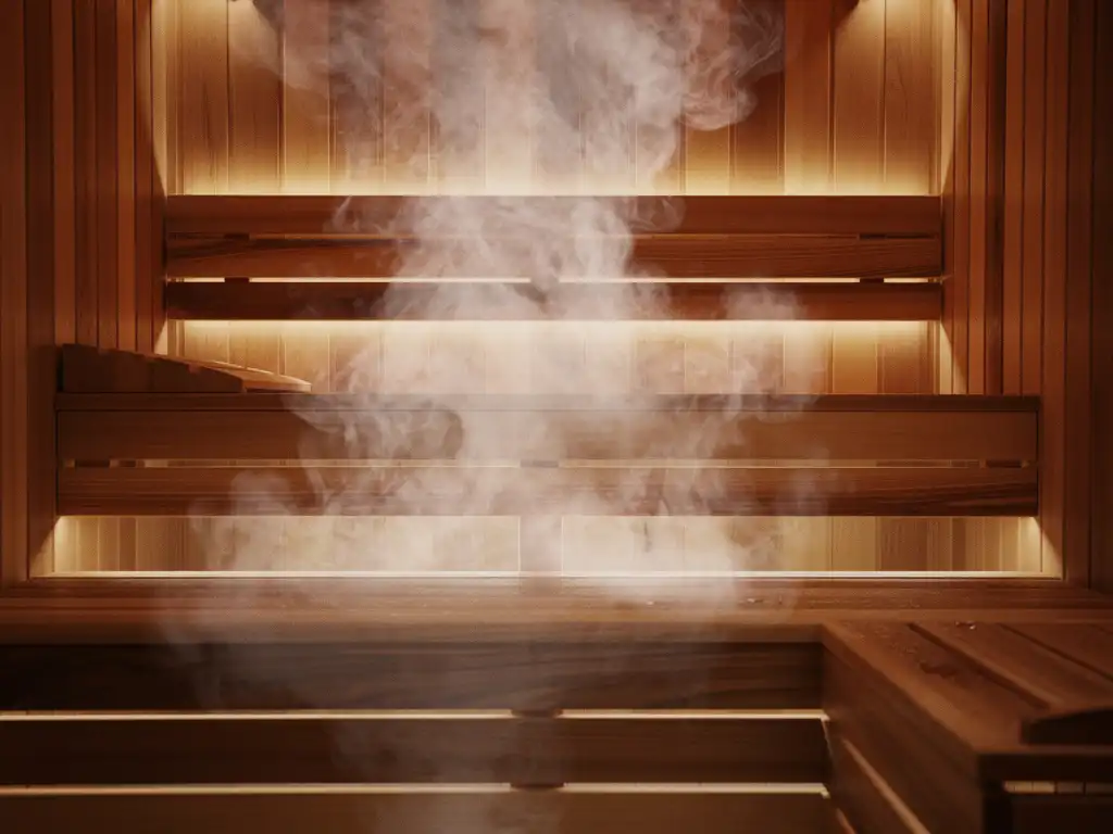 Cedar-paneled luxury sauna interior with tiered wooden benches, golden amber tones, and soft steam rising toward warm backlit ceiling.